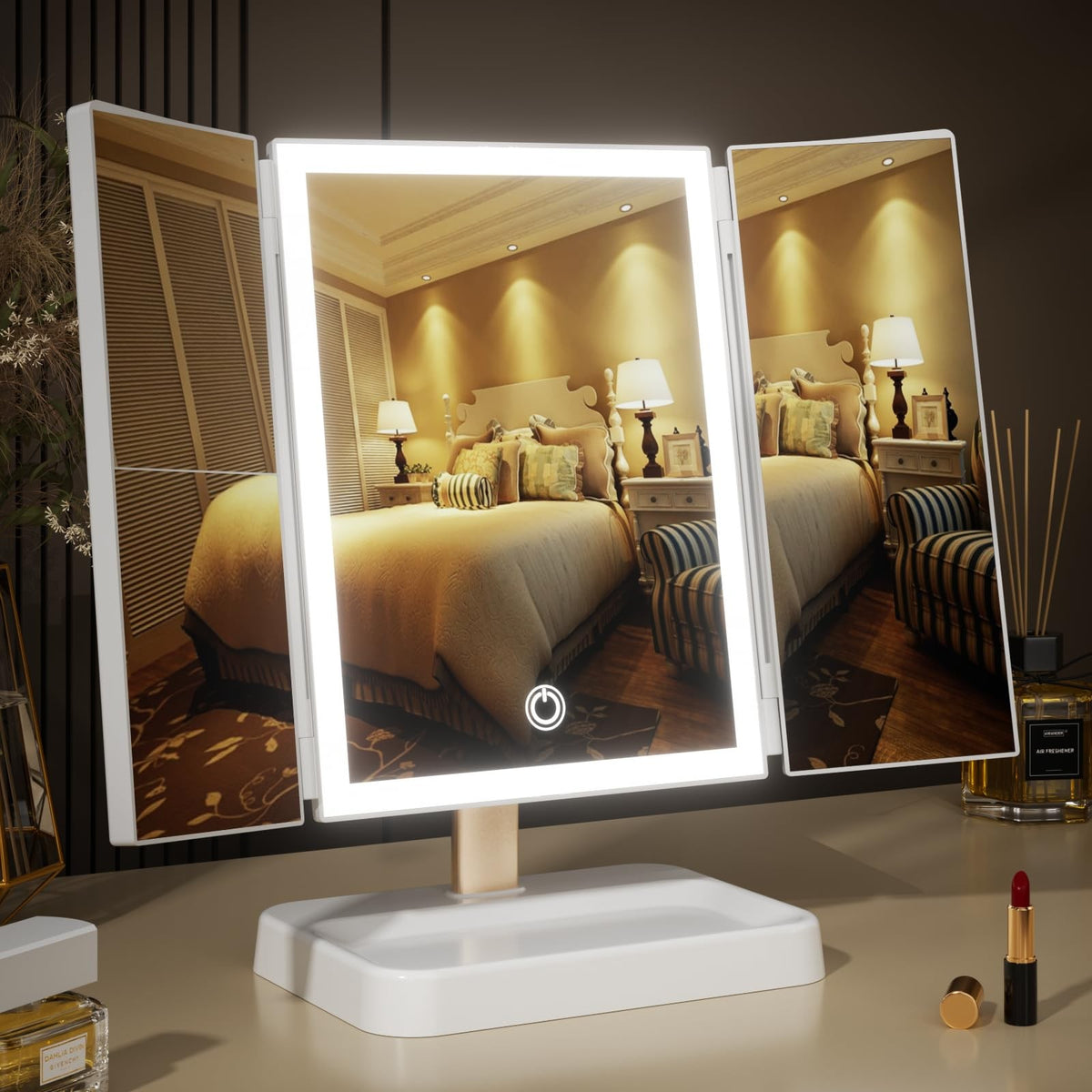 Lighted Makeup Mirror with Lights and 3X Magnification - Rechargeable Vanity Mirror with Touch Control and 90° Swivel