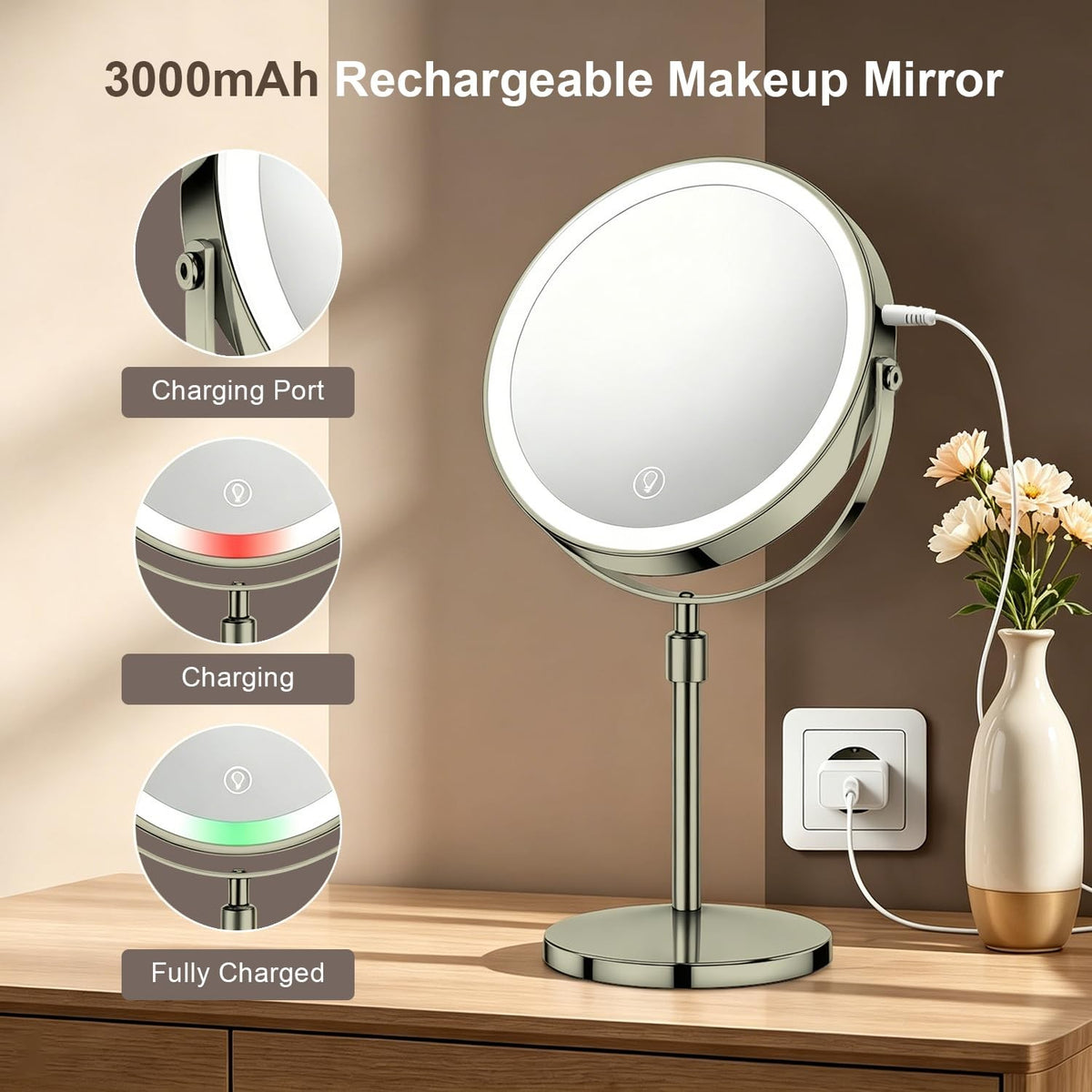 8.5-Inch Dual-Sided Makeup Mirror with Lights and 20X Magnification