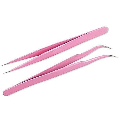 Pink Stainless Steel Tweezers Set for Eyelash Extensions - Straight & Curved Tips