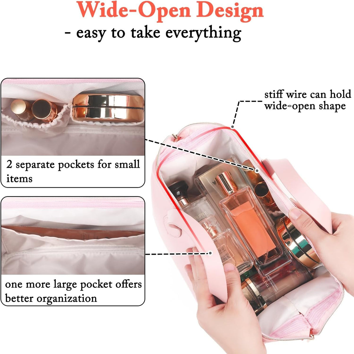Travel Makeup Bag Waterproof PU Leather Wide Opening Cosmetic Organizer