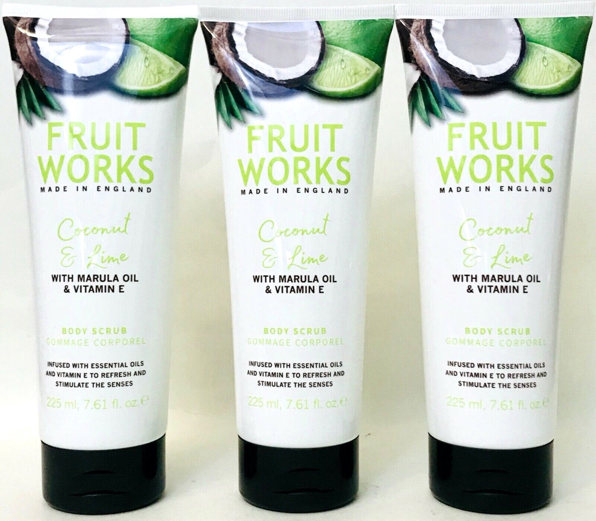 3 Ct Fruit Works Coconut & Lime Marula Oil Vitamin E Body Scrub 7.61