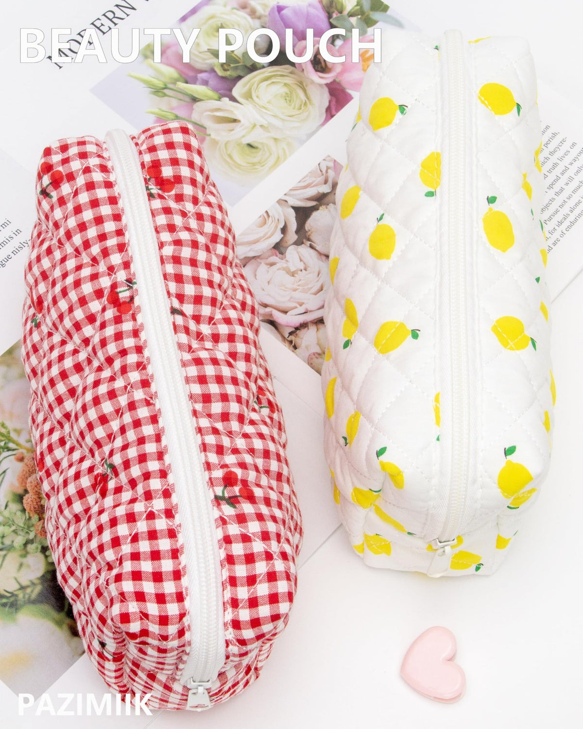 Small Quilted Makeup Bag with Zipper - Gingham Red Cherry