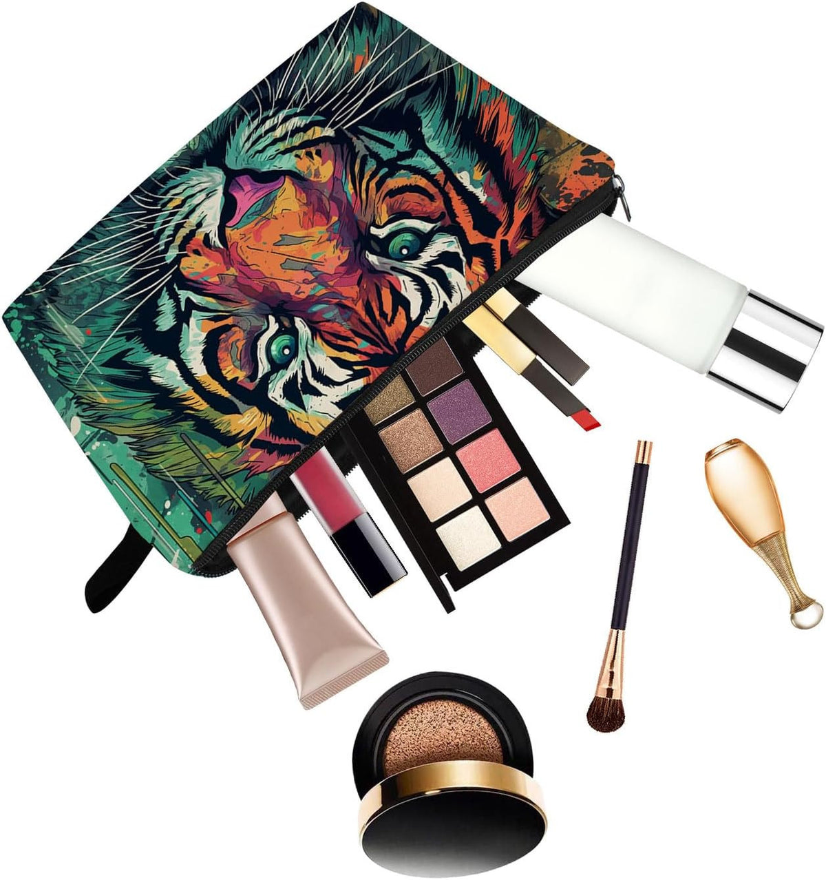Tiger Print Small Cosmetic Bag - Sunflower Ginger Cat Makeup Organizer Zipper Pouch