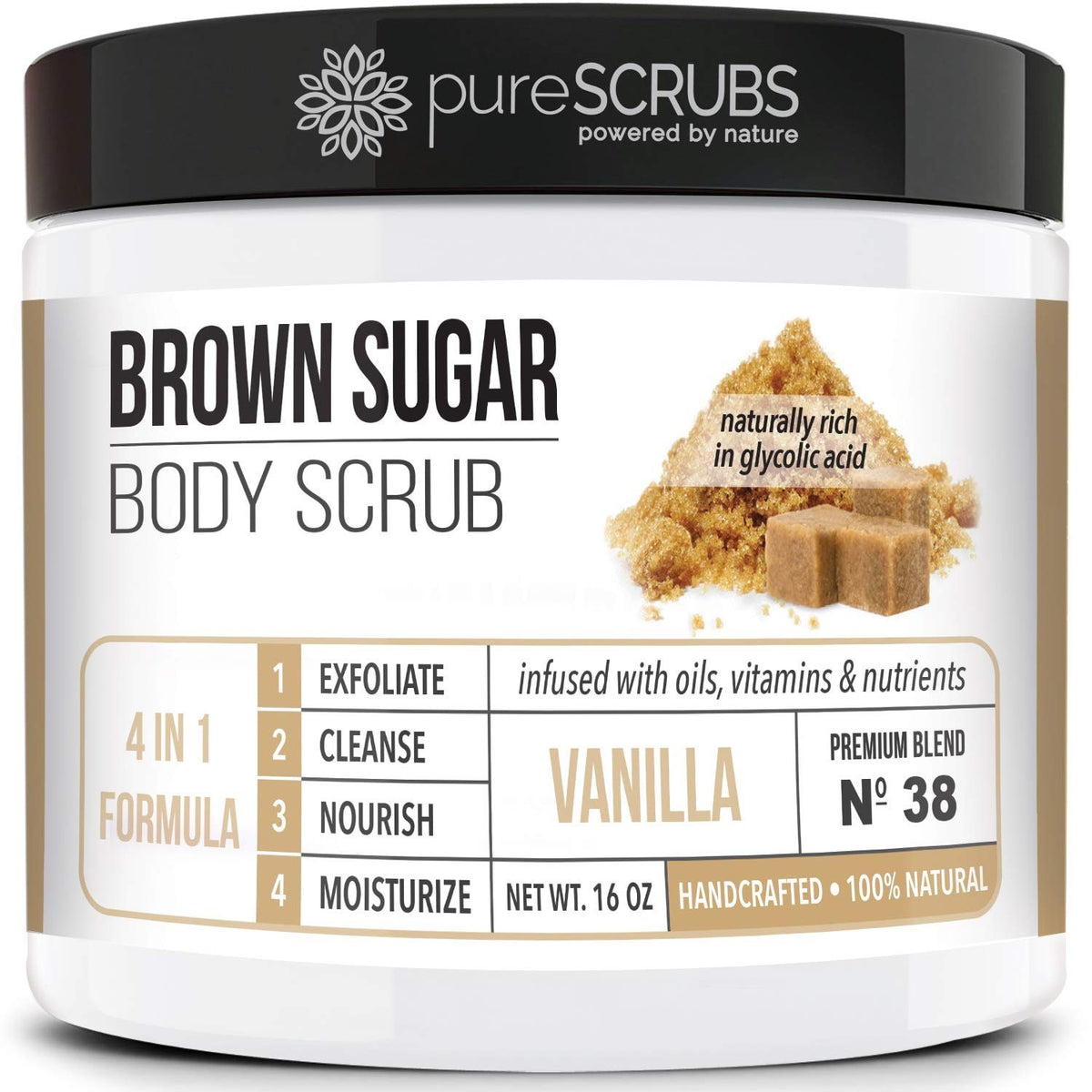 Vanilla Brown Sugar Body Scrub 16oz Jar for Face & Full Body Exfoliation