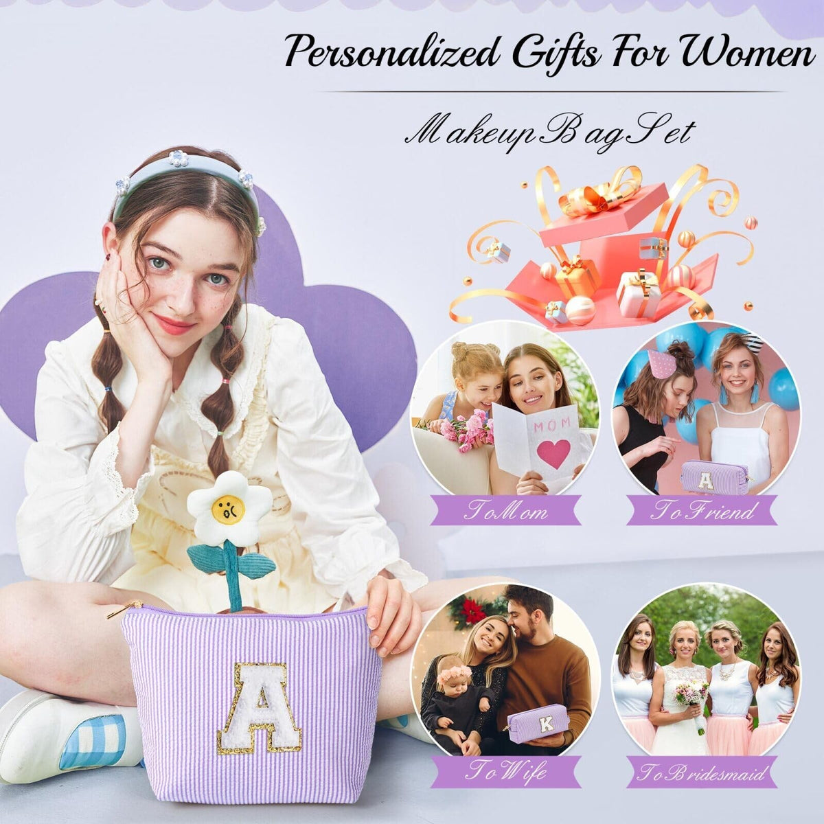 Personalized Purple Makeup Bag for Women - Cute Cosmetic Pouch for Girls and Bridesmaids