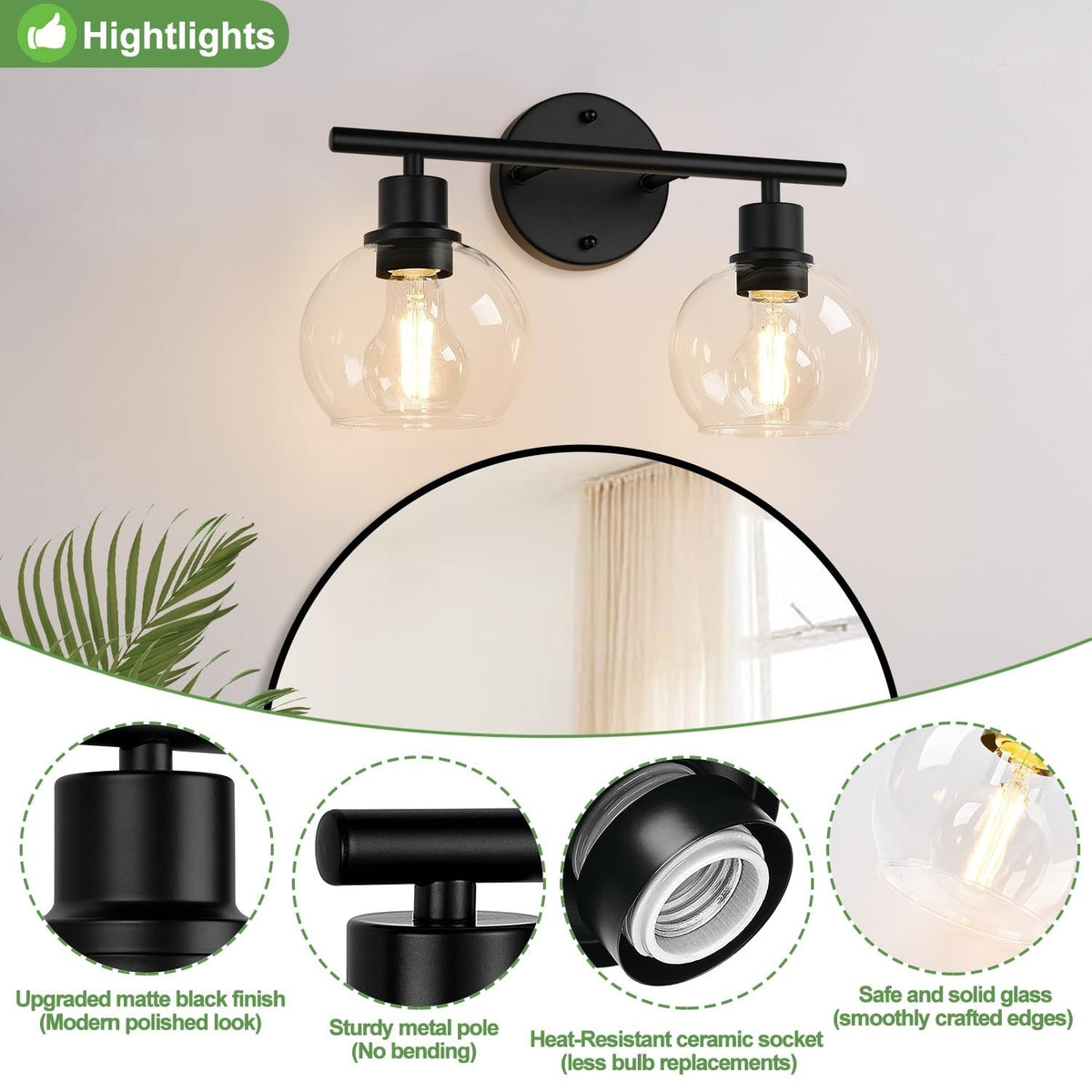 Indoi 2-Light Matte Black Bathroom Vanity Light with Clear Glass Shades