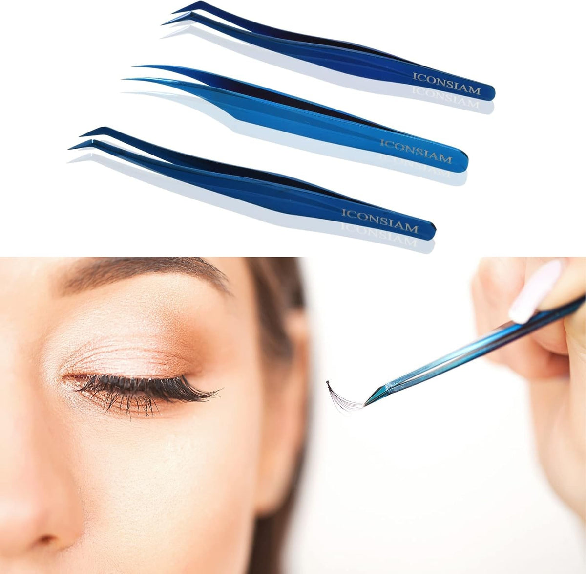 Eyelash Extensions Tweezers Set - 3 Pieces Stainless Steel with Dolphin-Shaped Applicator