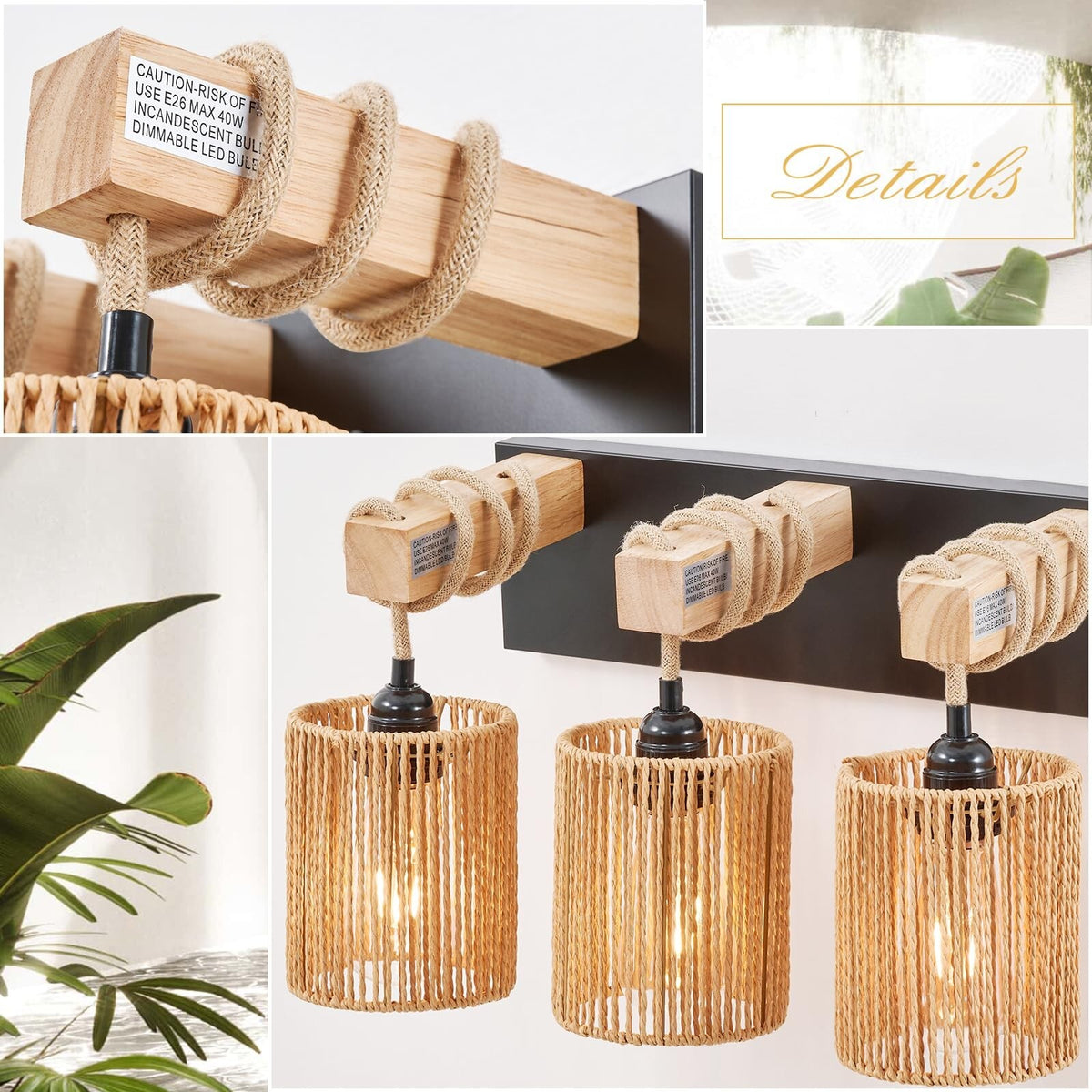 3-Light Bathroom Vanity Light Fixture - Boho Rattan Wall Sconce, Farmhouse Style