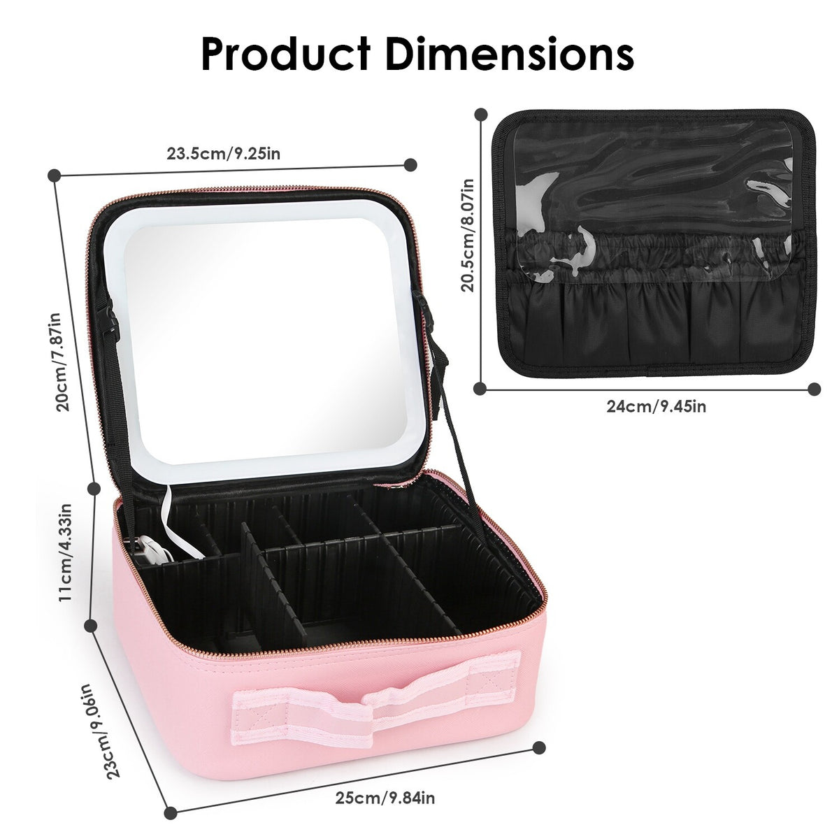 Travel Makeup Bag with LED Mirror and Adjustable Compartments Organizer