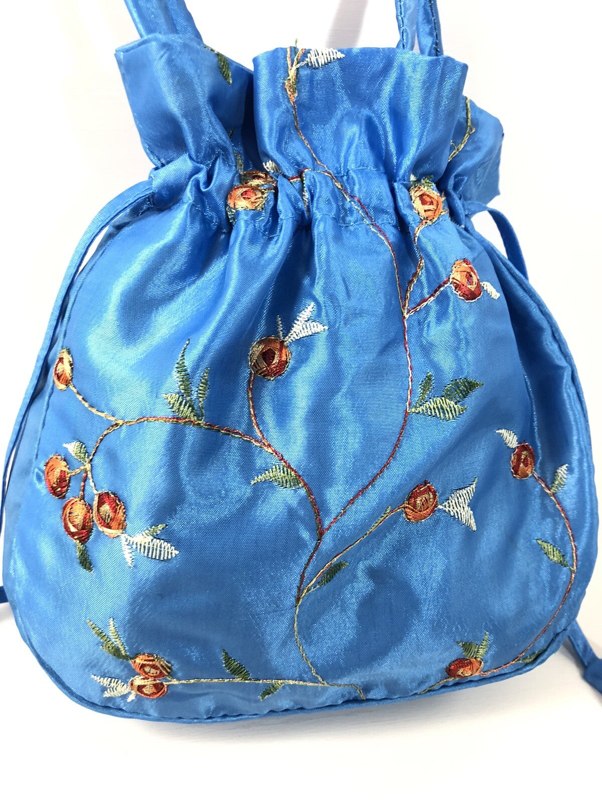 Blue Satin Rose Pattern Drawstring Cosmetic Bag, Makeup Storage Pouch