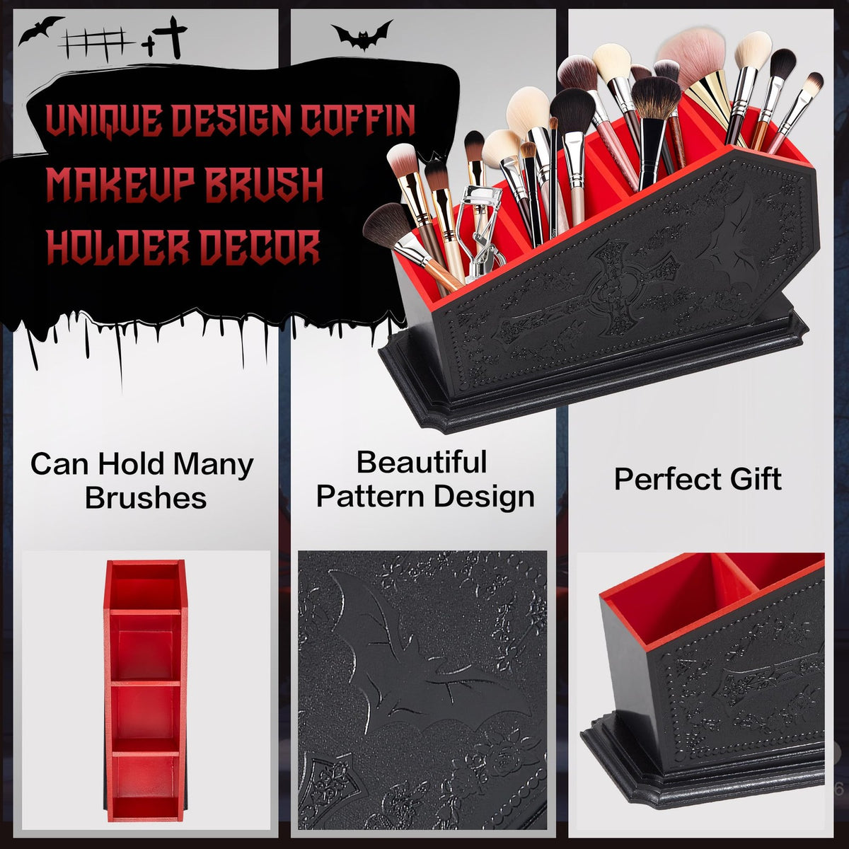 Gothic Coffin Makeup Brush Holder with Bat Design - Spooky Cosmetic Organizer
