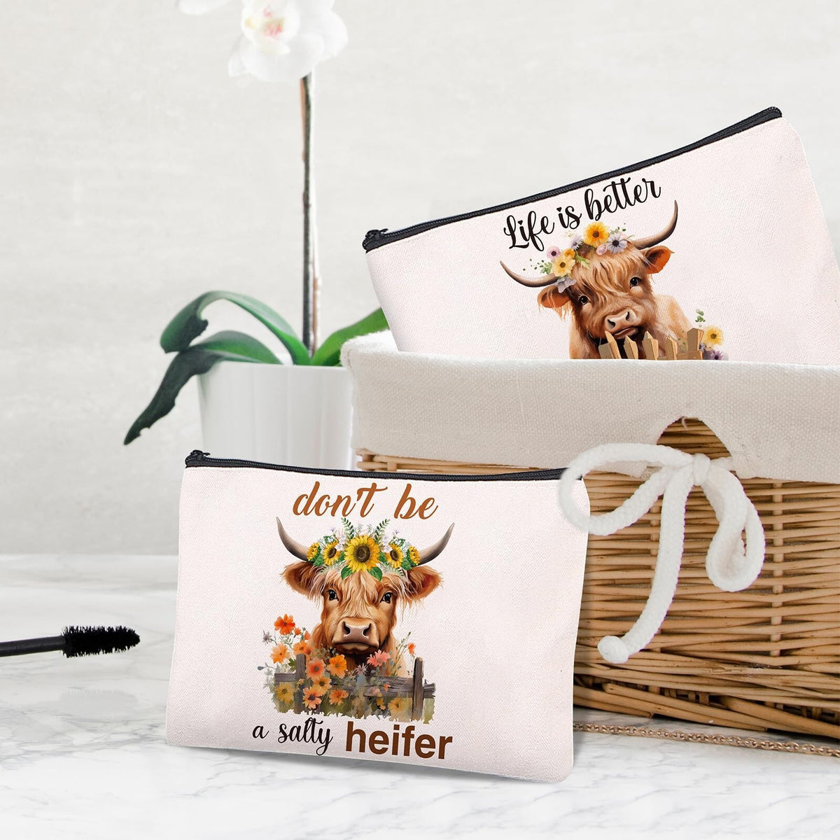 4PCS Highland Cow Makeup Bag Set - Farm Theme Cosmetic Pouches for Women