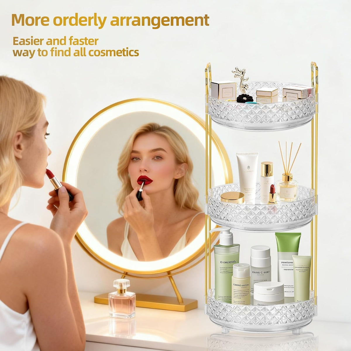360° Rotating Makeup Organizer with 3 Tiers for Vanity and Bathroom Counter