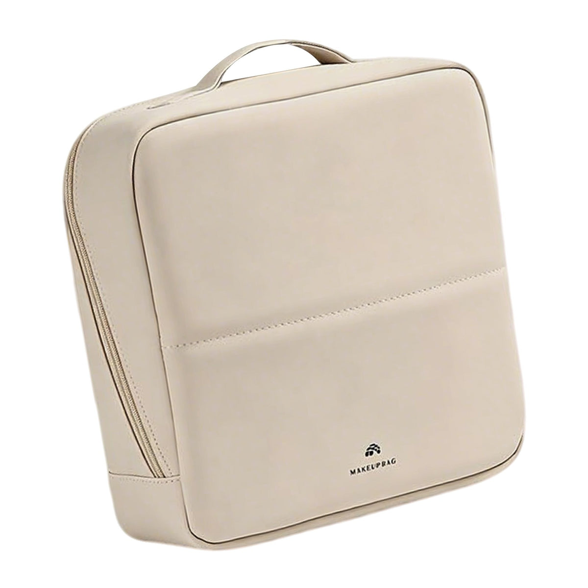 Large Stand-Up Makeup Bag with Multi-Layered Interior Pockets - Beige