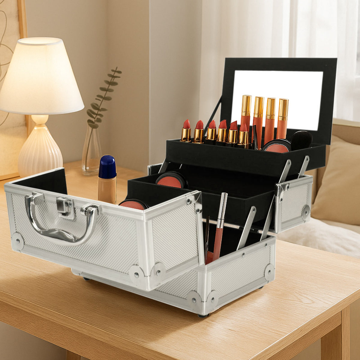 Aluminum Makeup Train Case Jewelry Organizer with Mirror - Silver