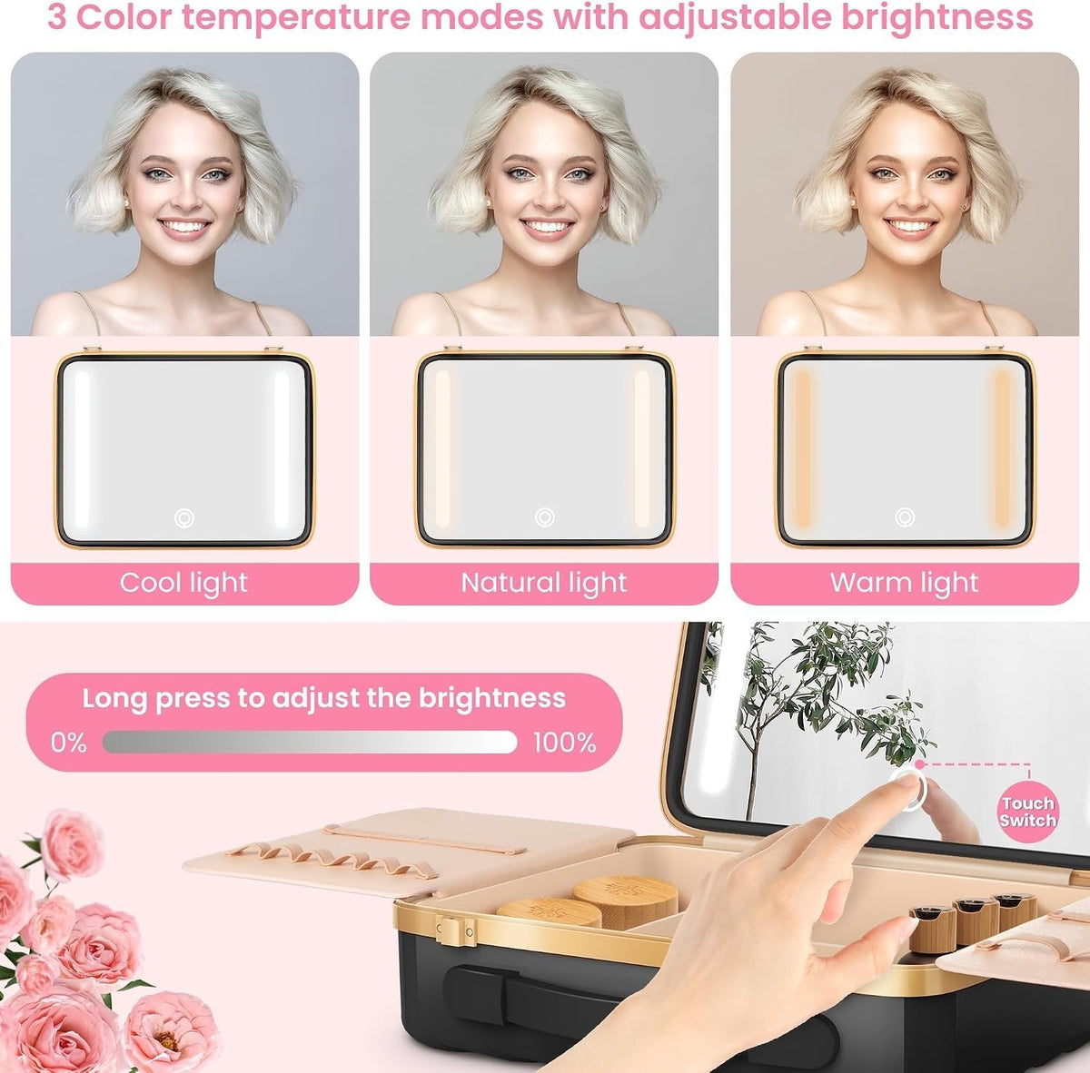 Travel Makeup Case with LED Lighted Mirror - Black, 3 Light Modes, Cosmetic Storage