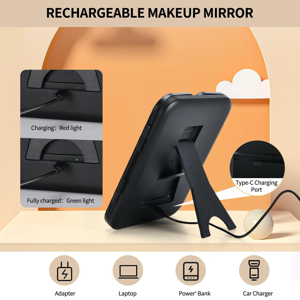 Rechargeable Travel Makeup Mirror with 5X-30X Magnification, Dimmable Light, Tri-Fold Design