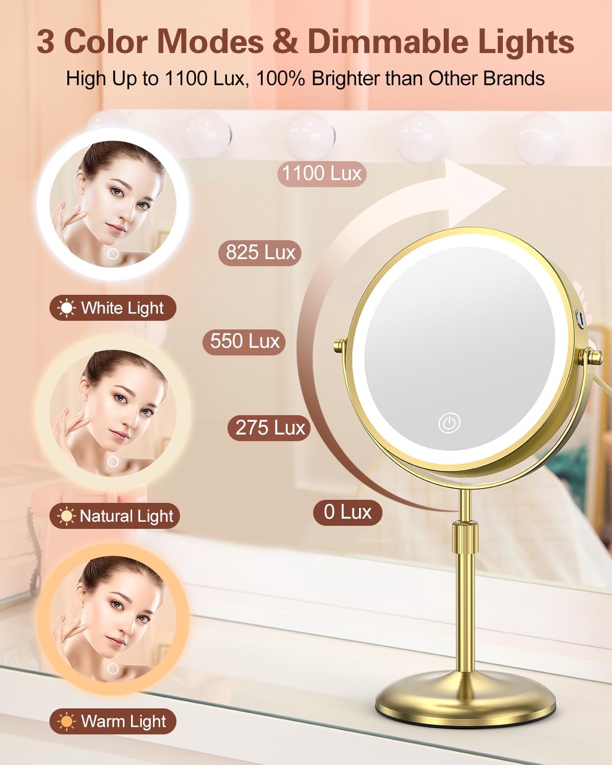 Lighted Makeup Mirror with 3 Color Lights & 10X Magnification - Adjustable Height