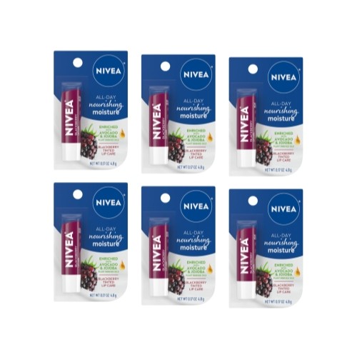 Nivea Blackberry Tinted Lip Balm Pack of 6 - Hydrating Lip Care with Shea & Jojoba