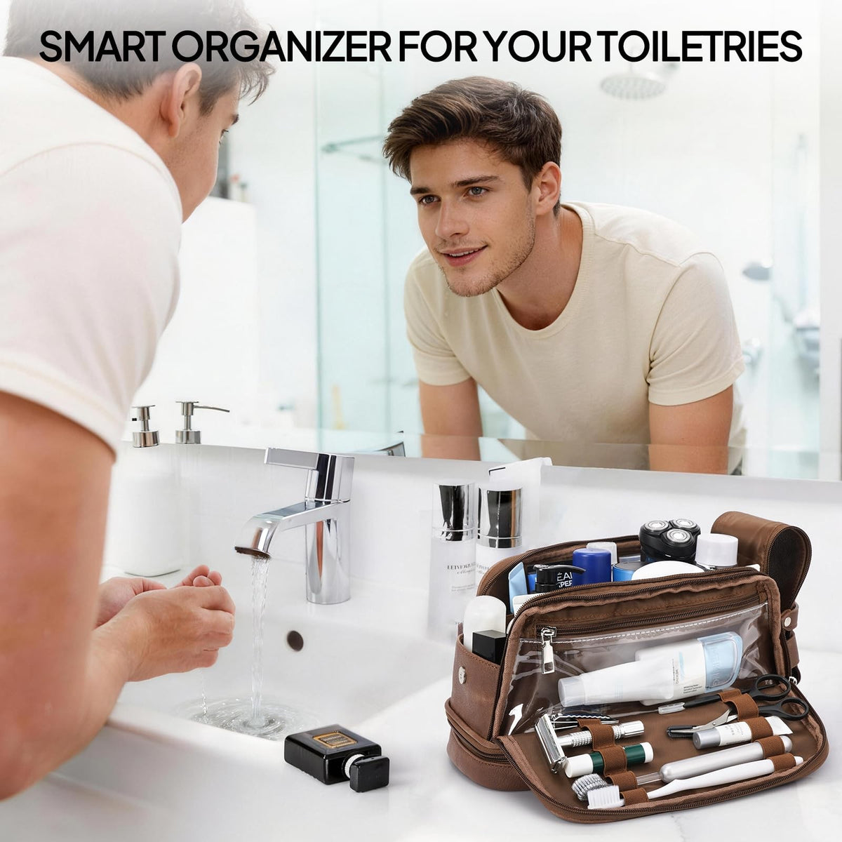Large Waterproof PU Leather Toiletry Bag for Men - Dopp Kit with Wet Pocket