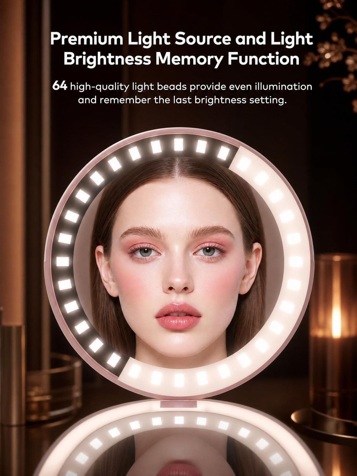 Lighted Travel Makeup Mirror with 1X/2X Magnification, Dimmable Compact Pink
