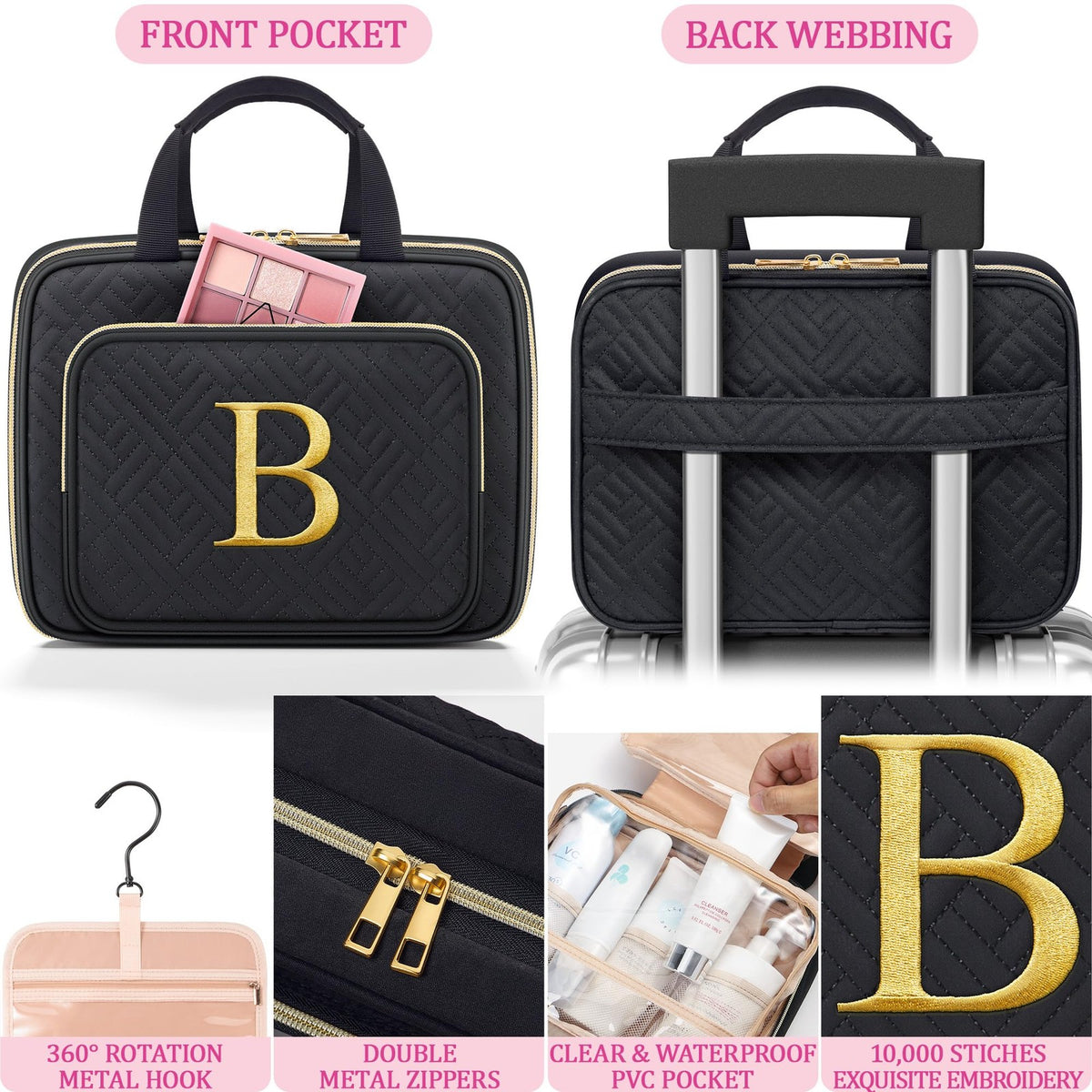 Personalized Hanging Makeup Bag with Initials Travel Toiletry Organizer