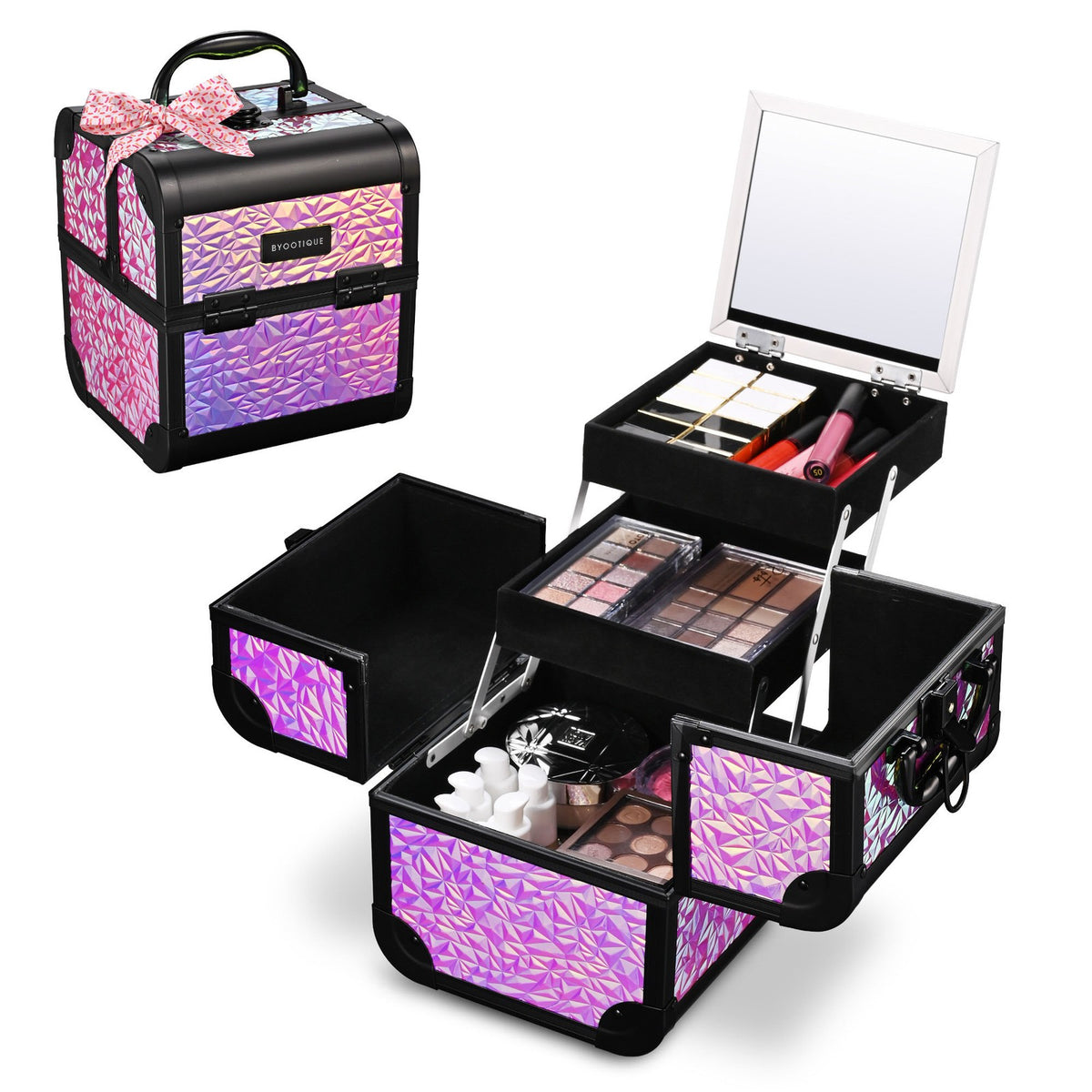 Mermaid Pink Makeup Train Case with Extendable Trays and Mirror