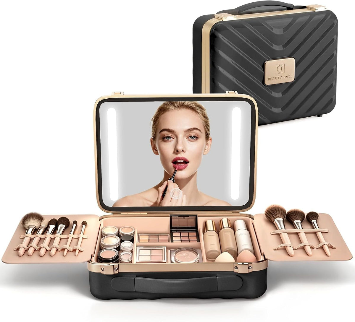 Travel Makeup Case with LED Lighted Mirror - Black, 3 Light Modes, Cosmetic Storage