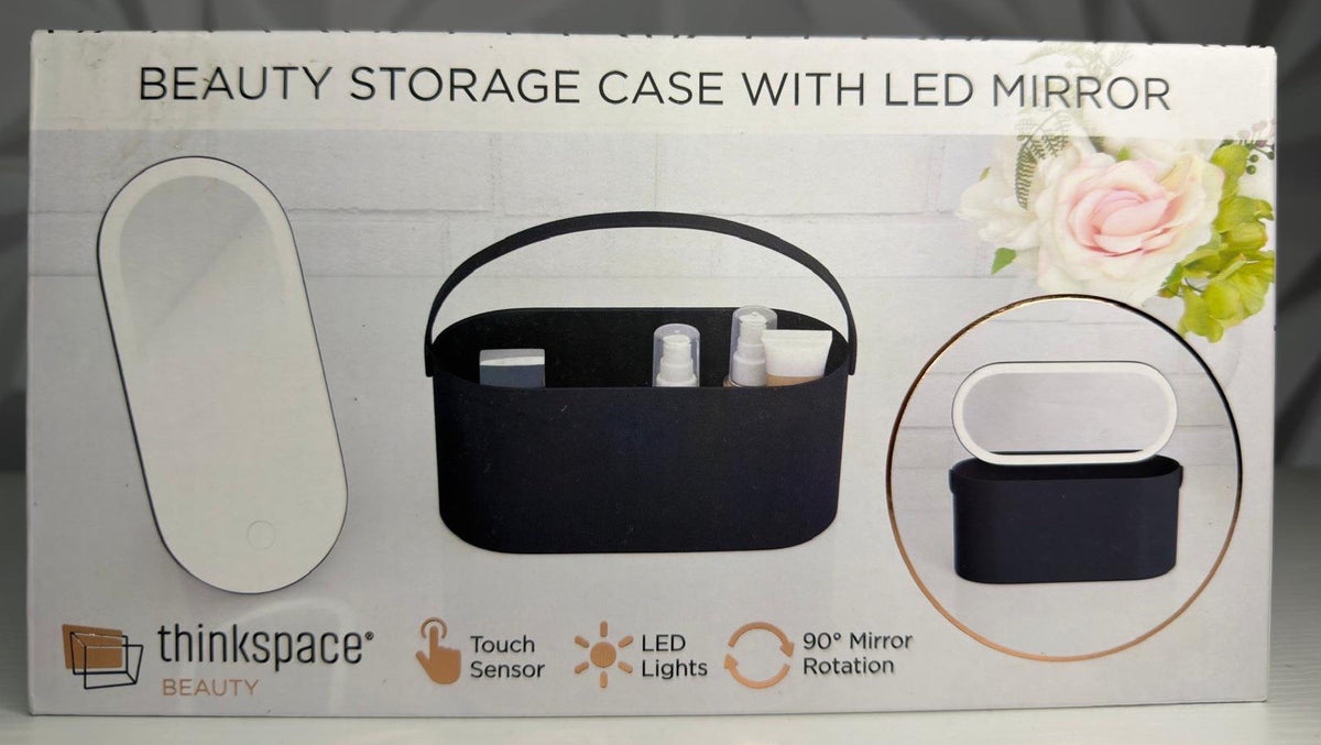 Black Makeup Case with LED Mirror & Touch Sensor, 90° Rotation Handle