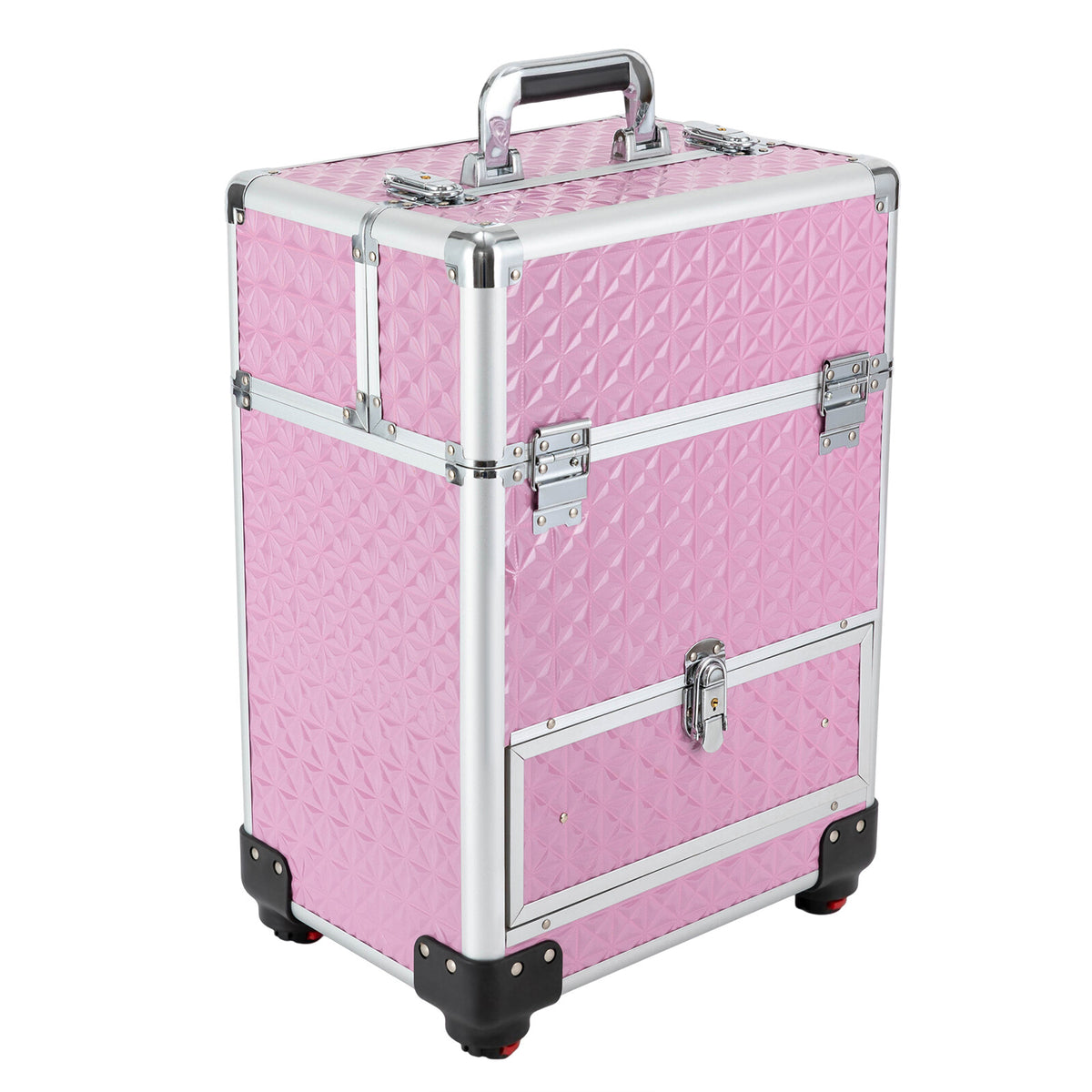 Rolling Makeup Train Case with 7 Compartments & 4 Wheels - Pink