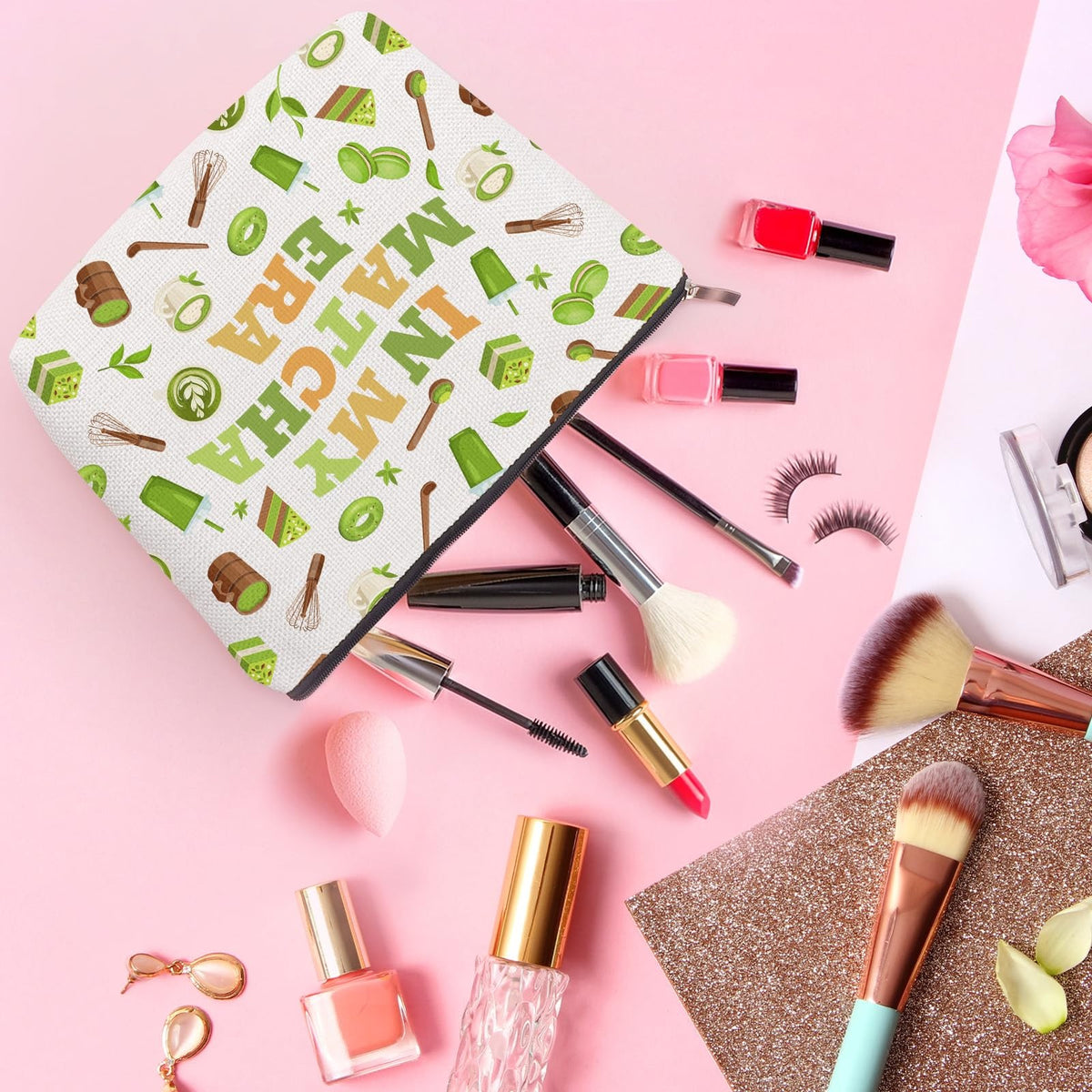 Matcha Themed Makeup Bag for Women - Beige Linen Cosmetic Organizer 25x17cm