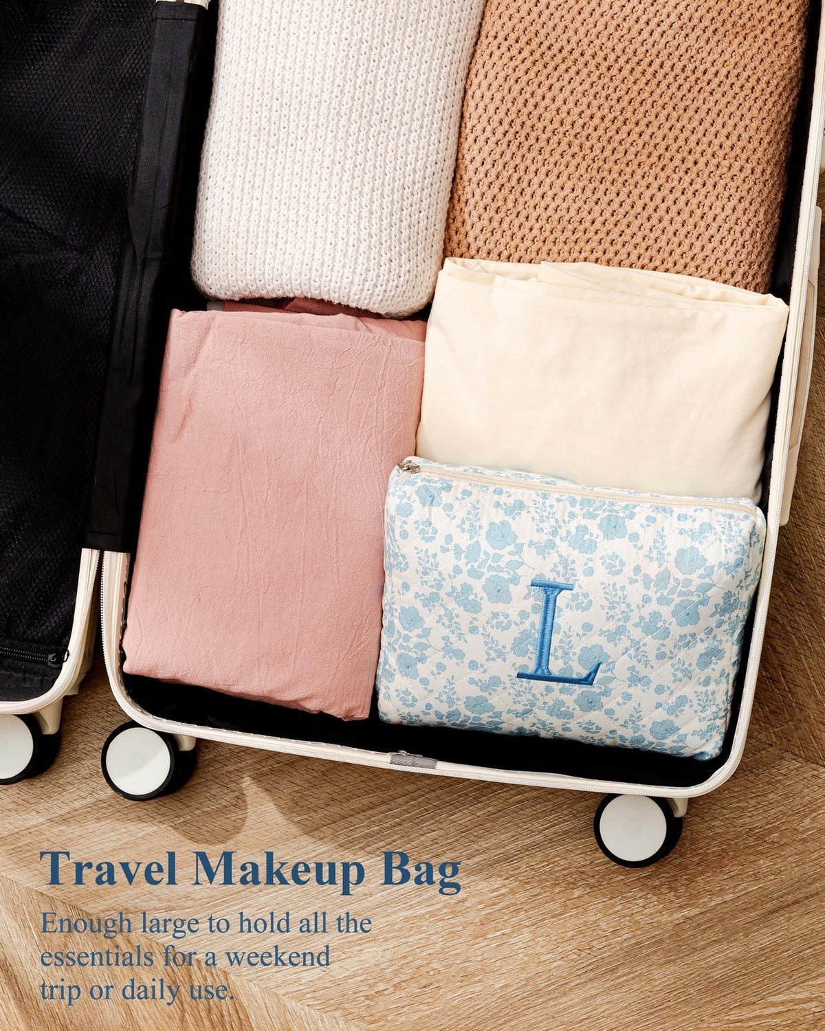 Large Cotton Travel Makeup Bag with Floral Quilted Design for Women