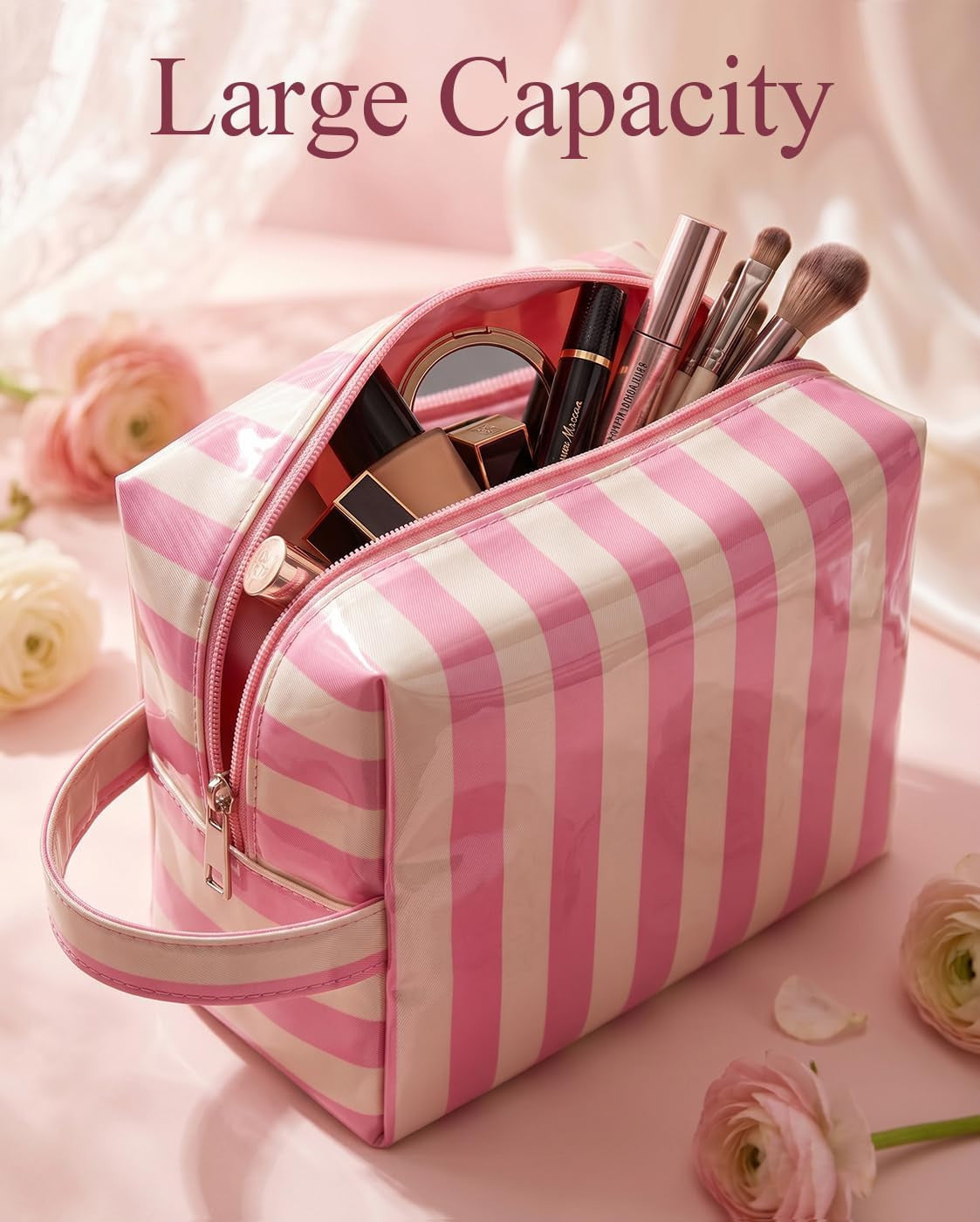 Waterproof Makeup Bag with Pink Beige Stripe Clear PVC Travel Organizer