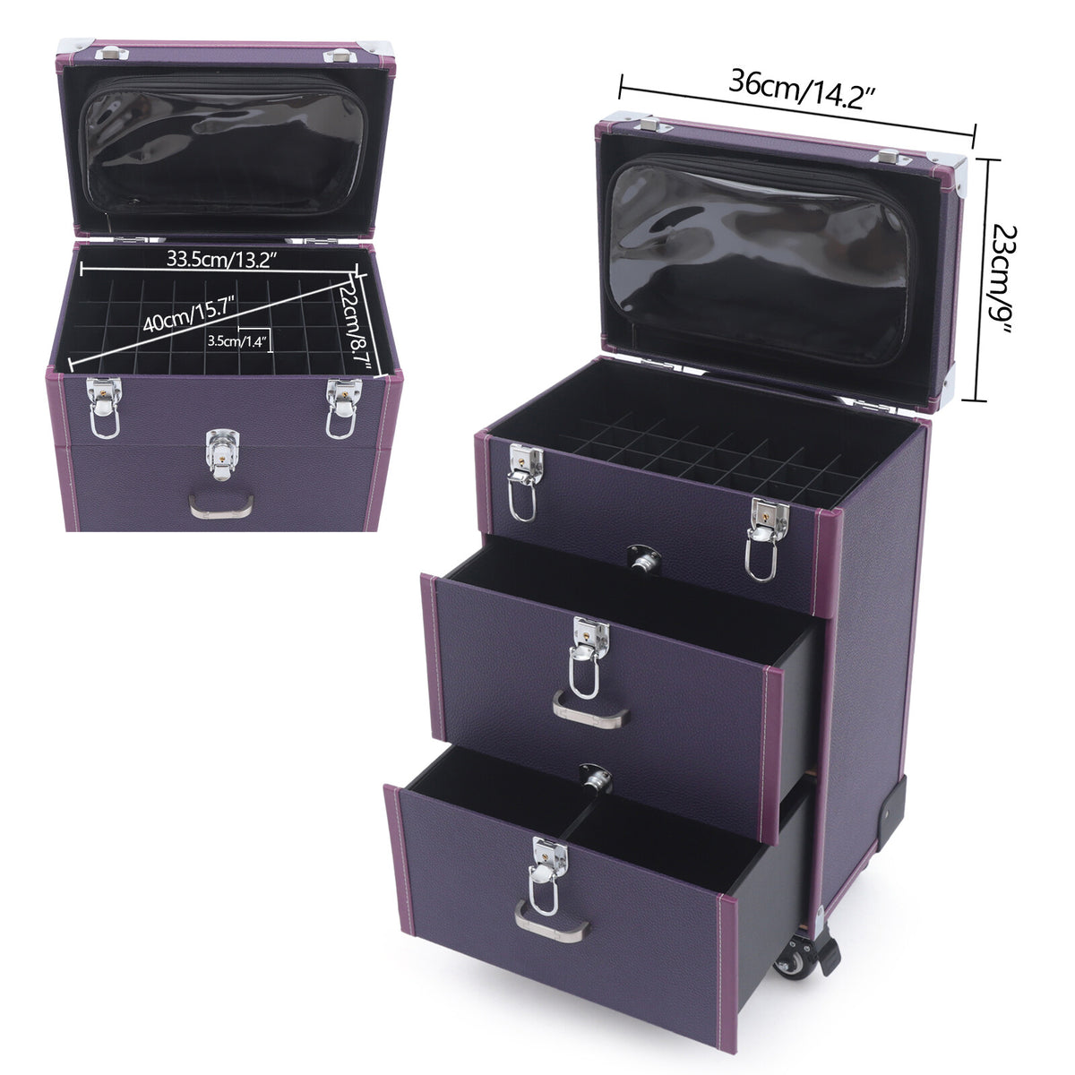 Rolling Makeup Train Case with 4 Wheels and Large Storage - Purple