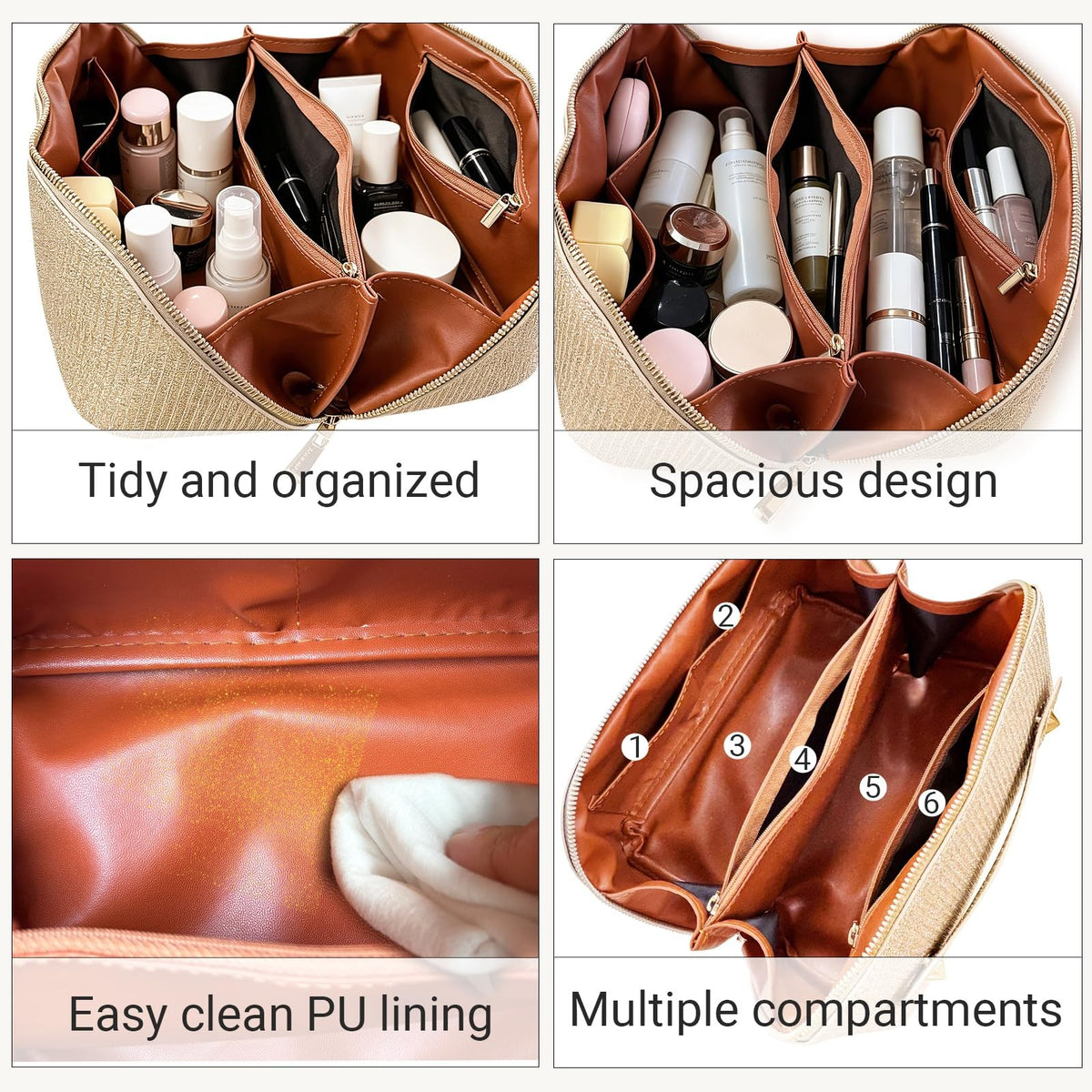 Travel Makeup Bag with Compartments Flat Open Cosmetic Pouch for Women