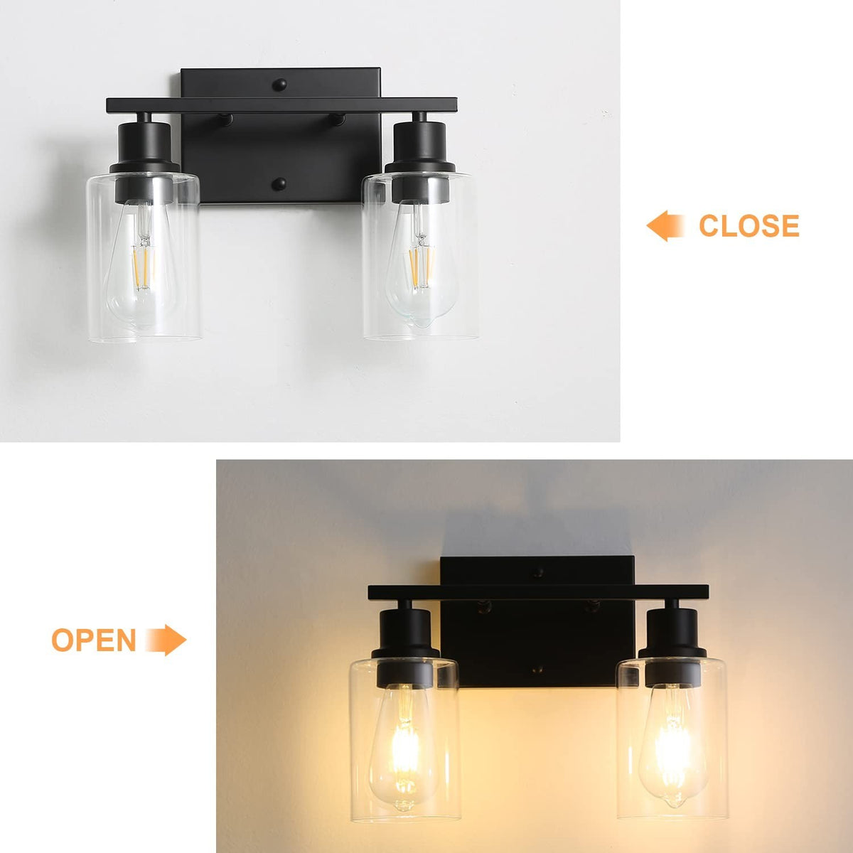 2-Light Matte Black Bathroom Vanity Light Fixtures with Clear Glass Shades