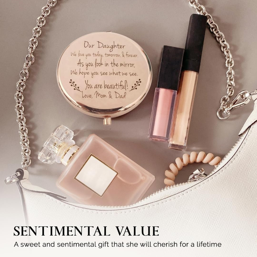 Personalized Rose Gold Compact Mirror with Engraving - Gift for Daughter