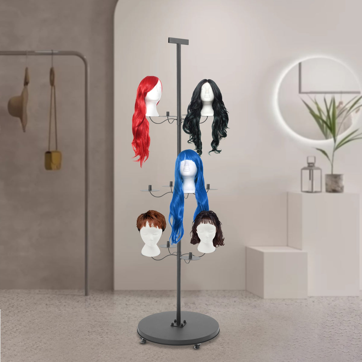 12-Head Wig Display Stand Black Wig Holder & Storage Rack 70x20in