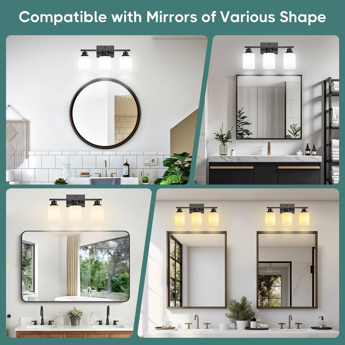 3-Light Vanity Light Fixture - Black Wall Sconce with Milky White Glass Shades