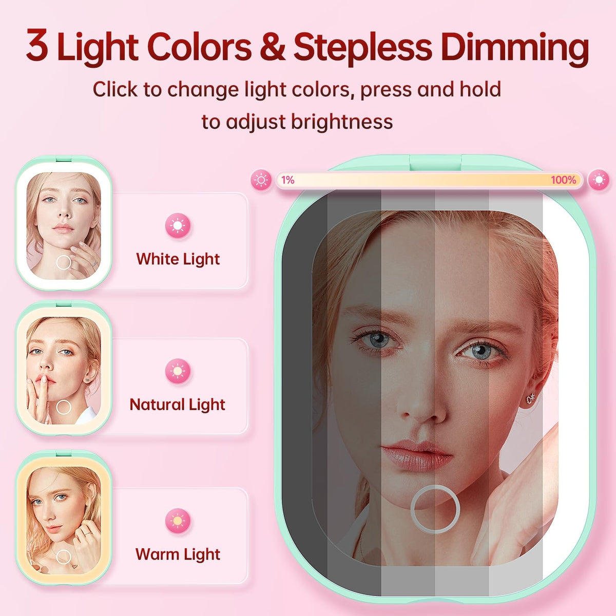 Lighted Compact Travel Mirror with 3 Color Lights 1X/3X Magnification - Green