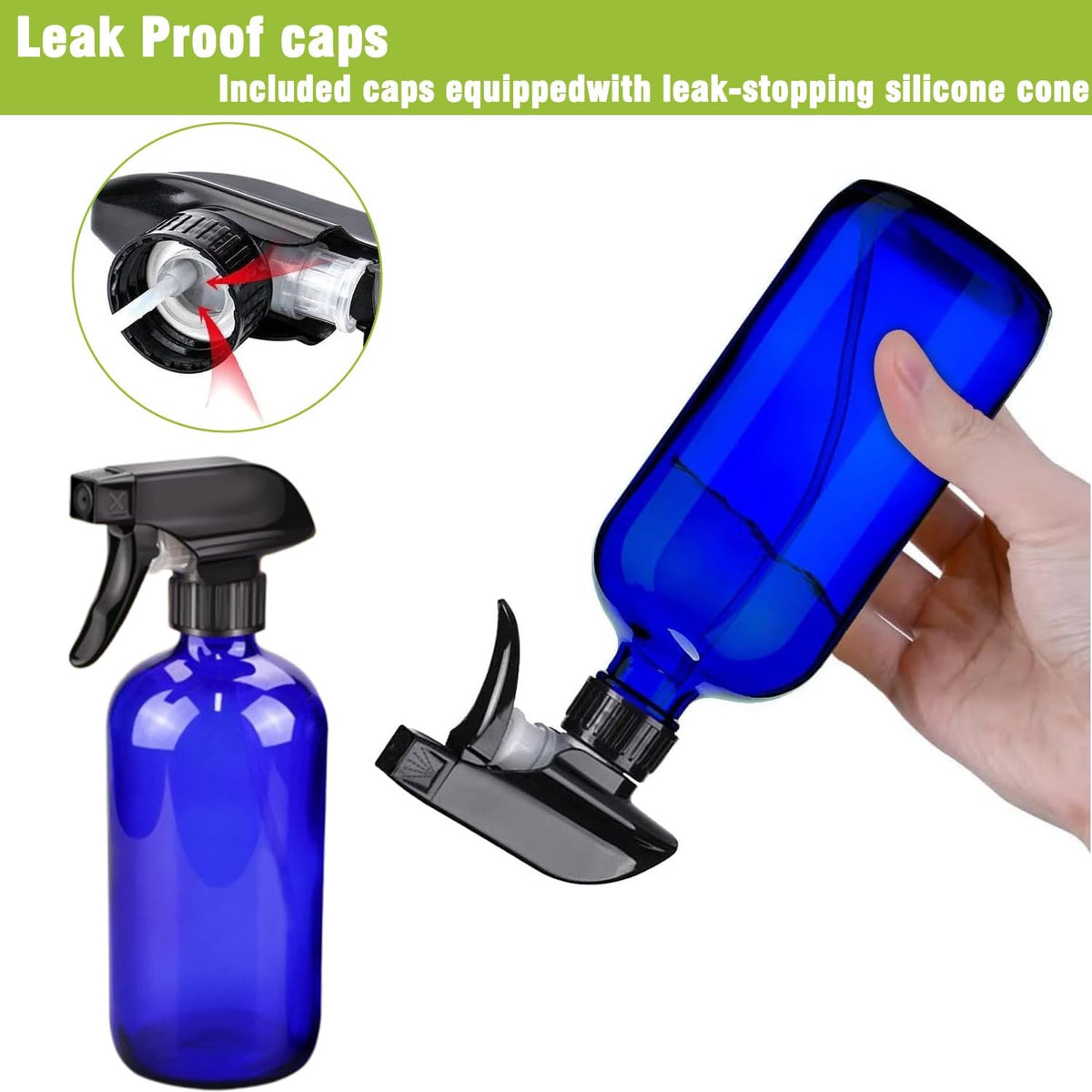 Refillable Blue Glass Spray Bottles for Cleaning Hair Care Plants 16oz Set