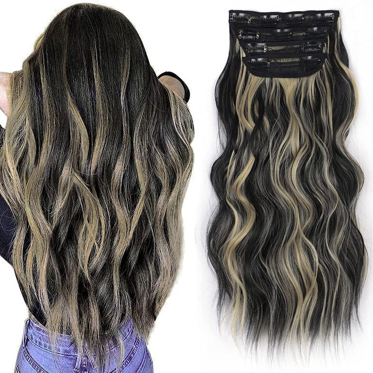 4PCS Clip-In Wavy Hair Extensions Long Synthetic Weft - Natural Blonde to Brown