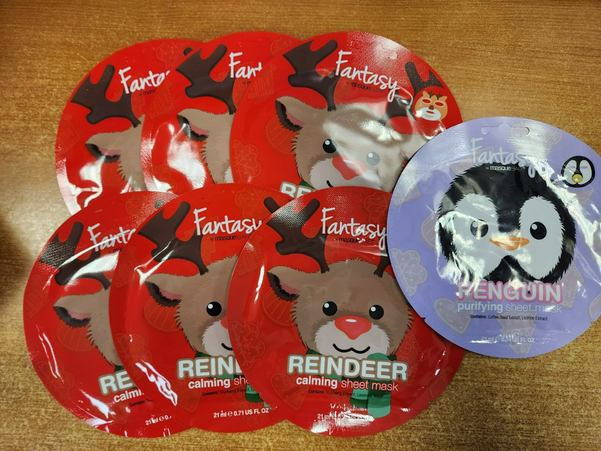 6 Pack Fantasy Reindeer & Penguin Facial Sheet Masks with Natural Extracts