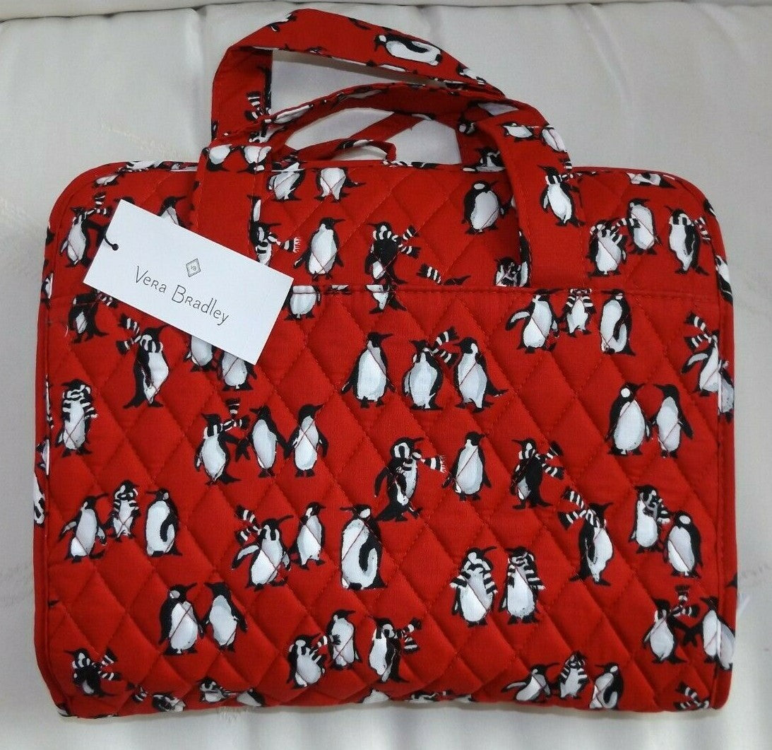 Travel Cosmetic Organizer Bag Hanging Travel Case with Multiple Compartments - Playful Penguins Red