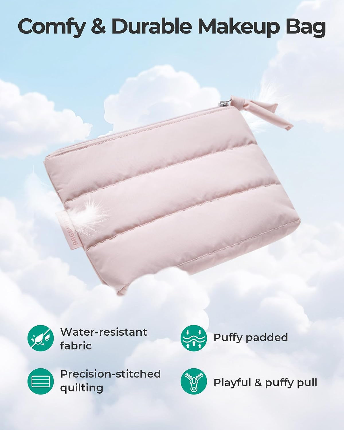 Small Plush Water-Resistant Makeup Bag for Women, Travel Cosmetic Organizer, Black