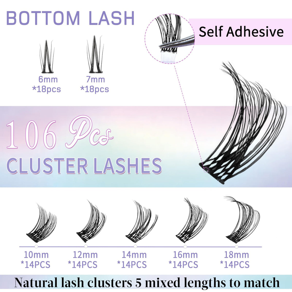 Self Adhesive Eyelash Clusters 10-18mm with Bottom Lashes - Natural Look Pack of 106