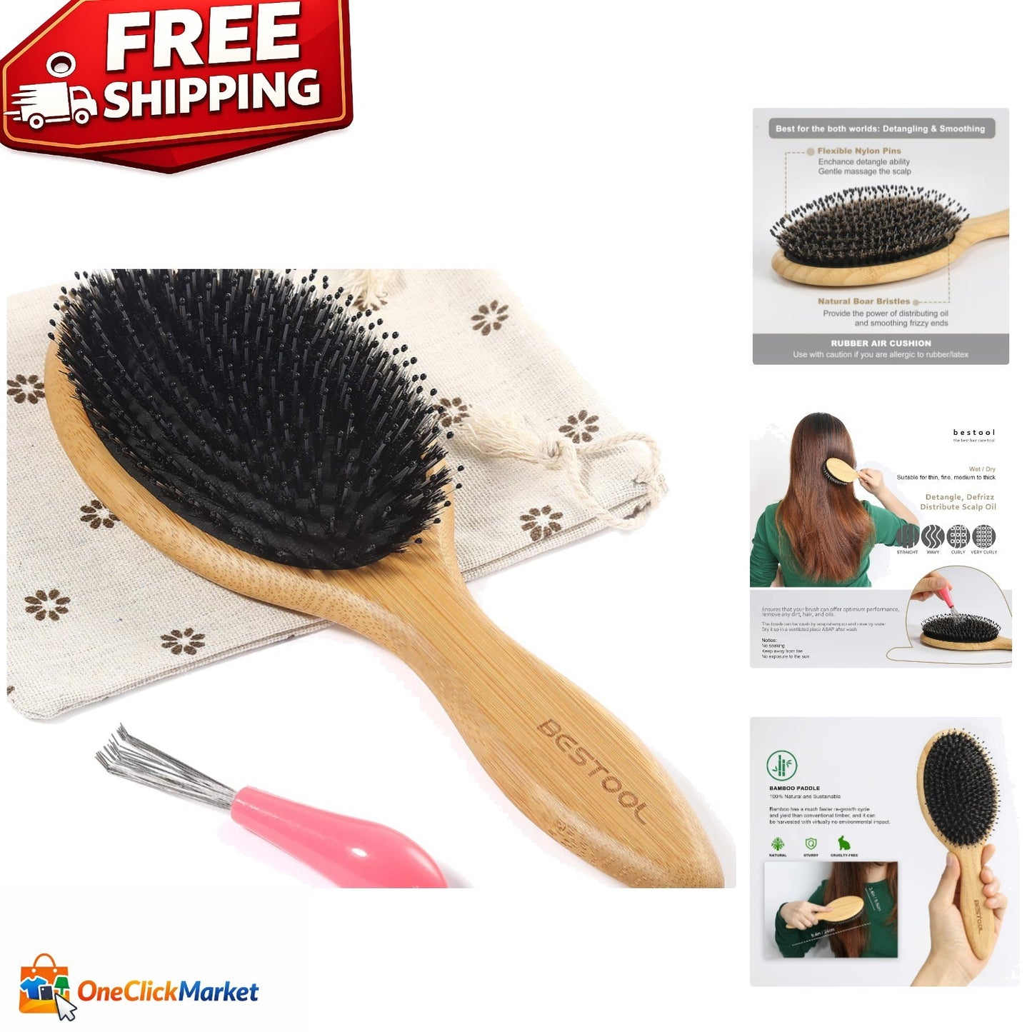 All-in-One Boar Bristle Bamboo Hairbrush for Detangling & Shine