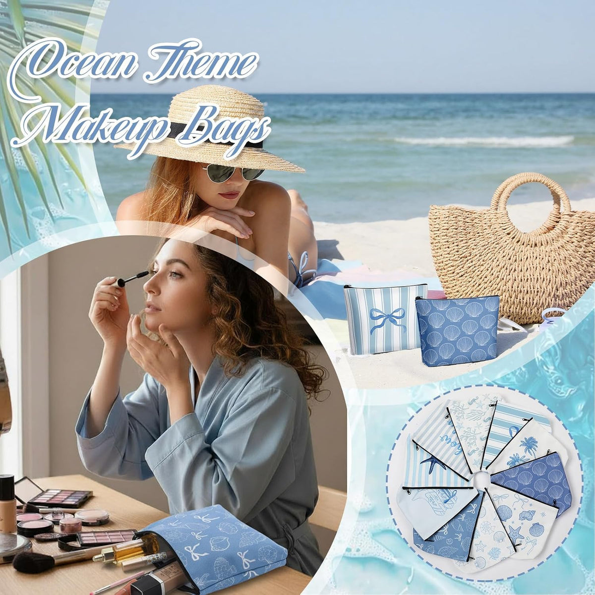 Set of 10 Ocean-Themed Makeup Bags for Cosmetics – Zipper Pouch Gift Set