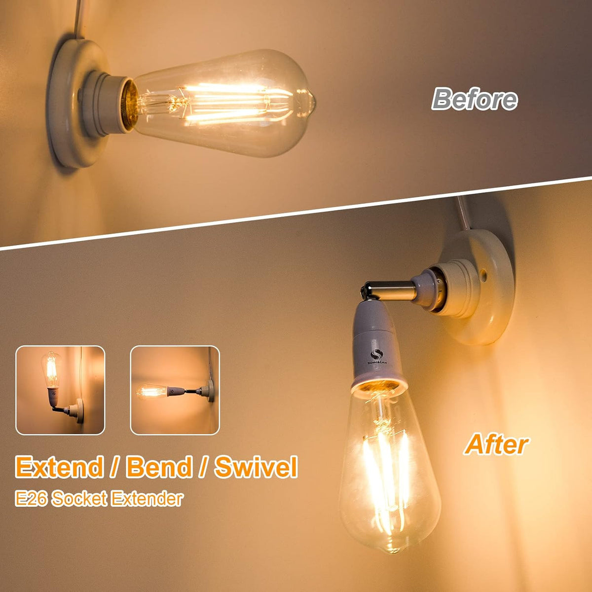 E26/E27 Adjustable Light Socket Extender 180° Bendable 2-Pack
