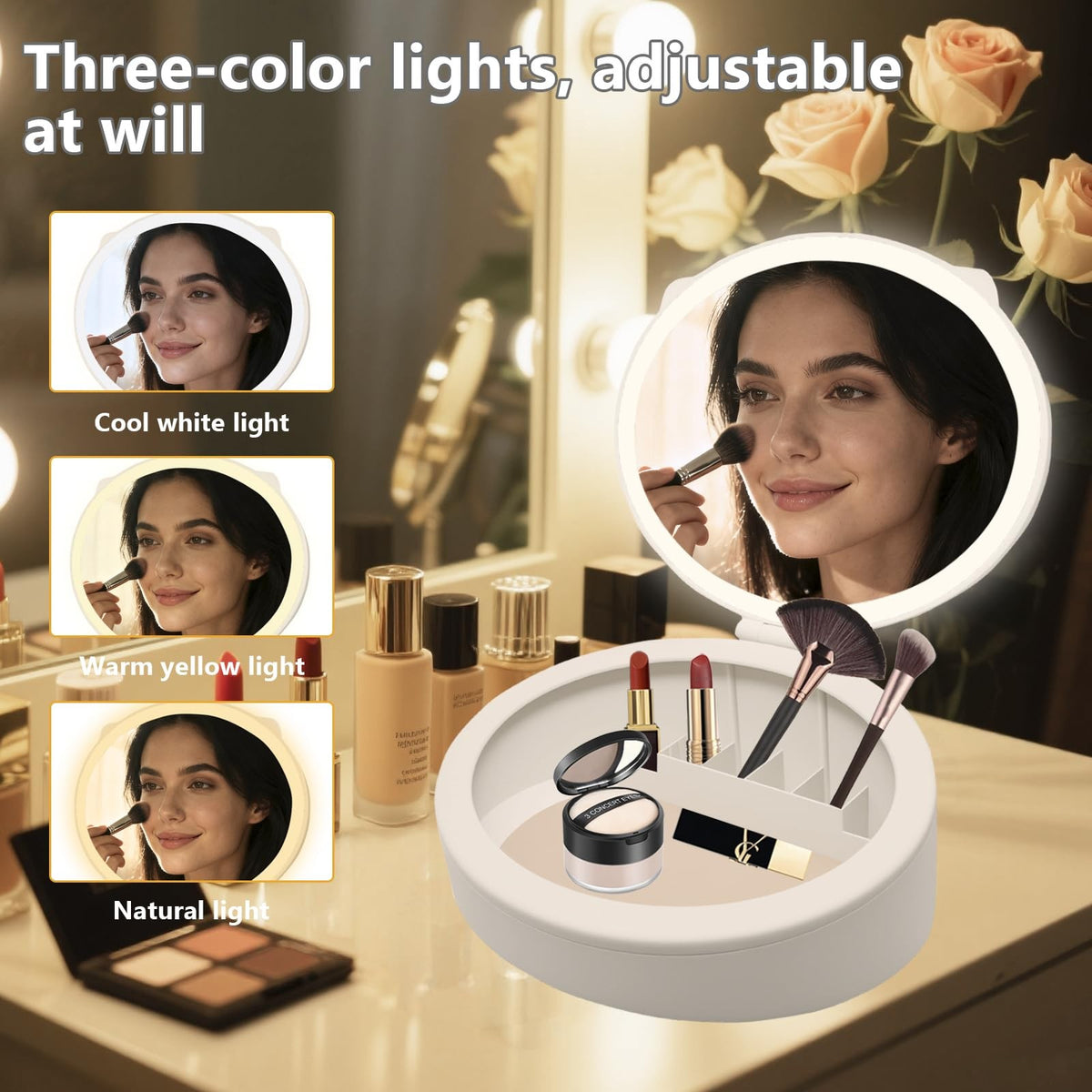 LED Makeup Mirror with Storage - 10X/1X Magnification, 66 LED Lights, Dimmable, USB Rechargeable, Portable Vanity Mirror
